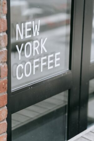 Close-up of a modern coffee shop entrance